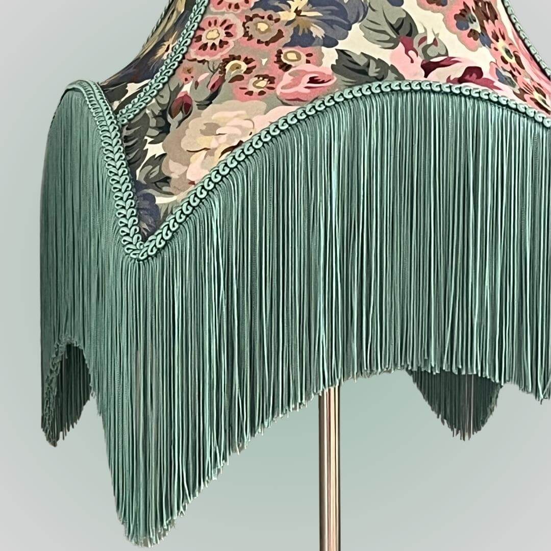 vintage style bowed empire lampshade with cut outs in floral chintz close up