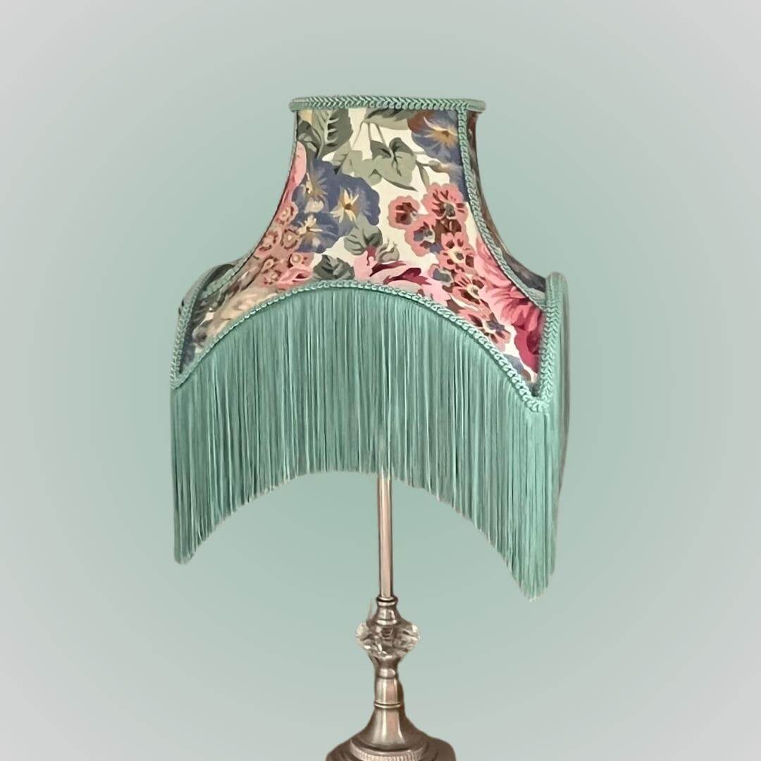 vintage style bowed empire lampshade with cut outs in floral chintz with fringe