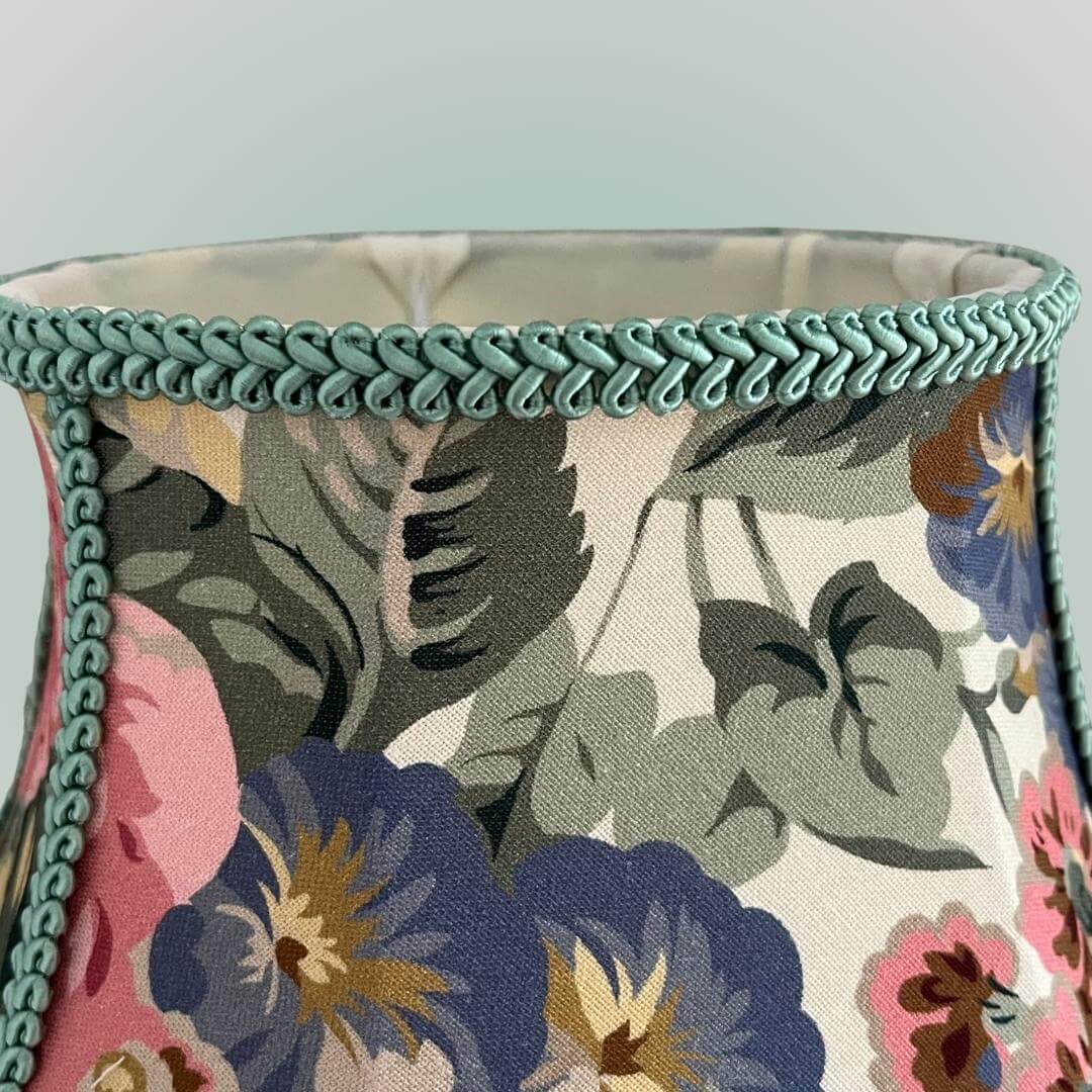 vintage style bowed empire lampshade with cut outs in floral chintz close up