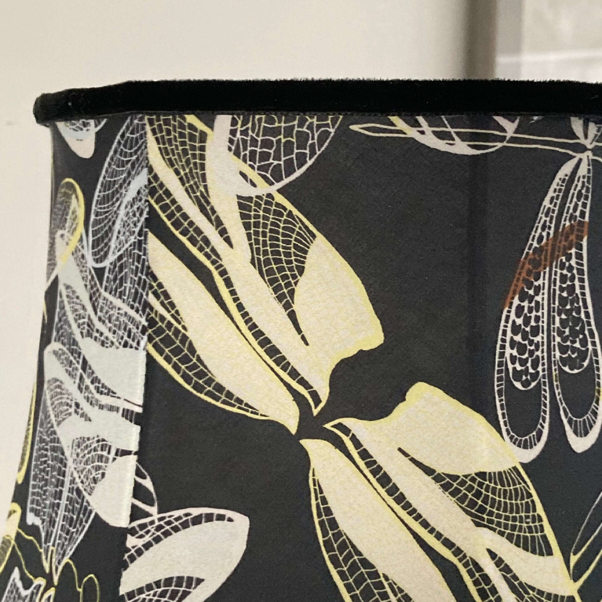 Bowed Empire Scallop Lampshade black & lemon featuring damselflies close up