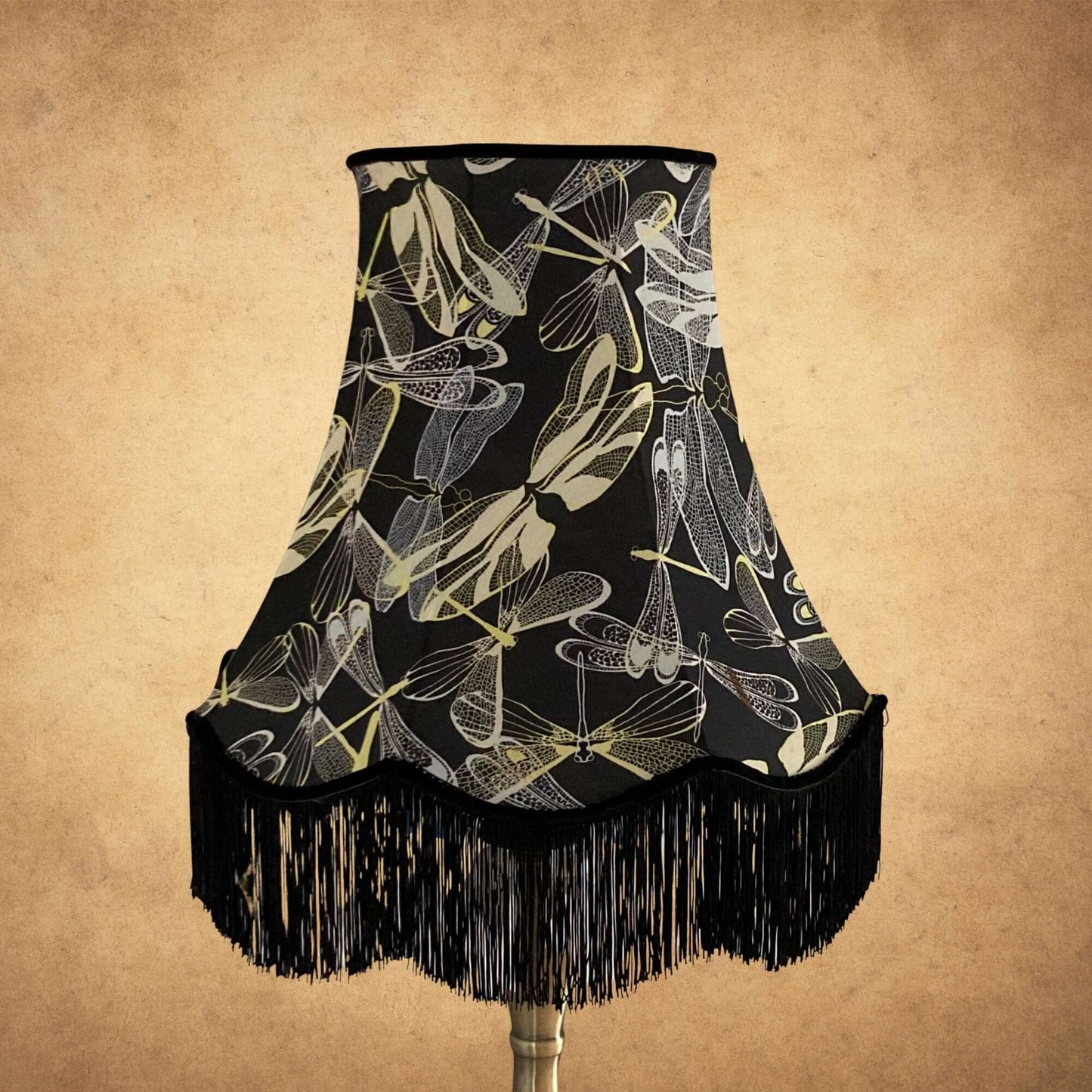 Bowed Empire Scallop Lampshade black & lemon featuring damselflies