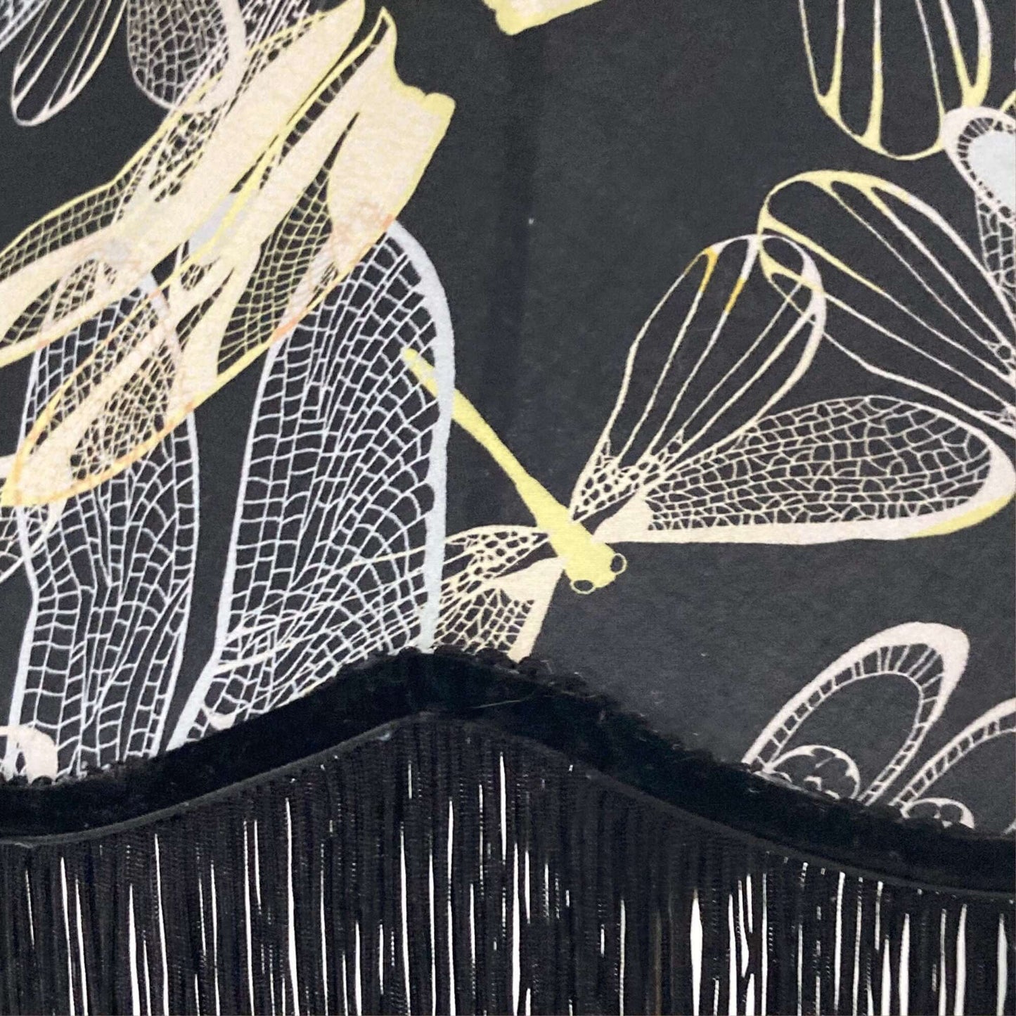 Bowed Empire Scallop Lampshade black & lemon featuring damselflies close up