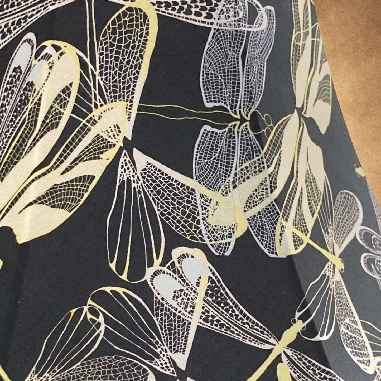 Bowed Empire Scallop Lampshade black & lemon featuring damselflies close up